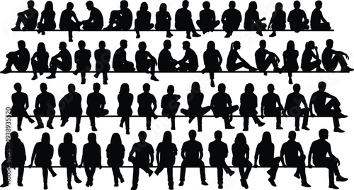 Collection of people sitting silhouettes, diverse men and women seated poses set isolated for crowd characters, social group illustration design