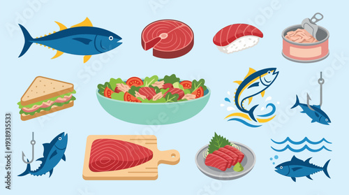 A vibrant collection of illustrations showcasing various forms of tuna, from whole fish and steaks to sushi, sashimi, canned tuna, and a tuna sandwich, set against a light blue background.