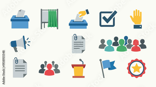 Collection of election and voting icons, including ballot boxes, voting booths, hand gestures, and crowd symbols.