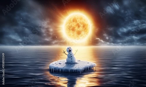 A snowman floats on an ice floe in the sea, under a sky bathed in the scorching sun.