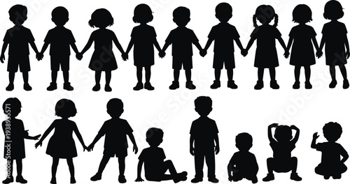 Children silhouettes holding hands set, boys and girls kids standing and sitting friendship unity childhood group illustration