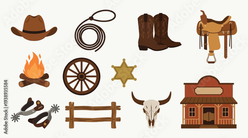 Collection of Western-themed icons including a cowboy hat, boots, lasso, campfire, wagon wheel, sheriff's badge, spurs, fence, bull skull, and a saloon building.