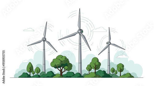 Group of tall modern wind turbines spinning in a lush green countryside field to generate clean renewable energy for a sustainable future.