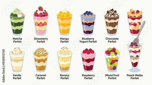 A vibrant illustration showcasing a variety of delicious parfaits, each with unique layers and toppings, presented in clear glasses.