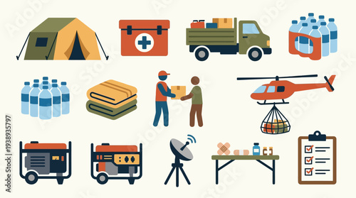 Collection of icons representing disaster relief supplies and services, including tents, medical kits, water, food, generators, and communication equipment.