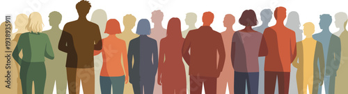 Diverse people crowd illustration with colorful human silhouettes representing multicultural community, diversity, inclusion and modern society concept background
