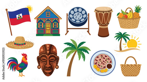 Fotografie A vibrant collection of Haitian cultural symbols, including the national flag, traditional house, musical instruments, food, and iconic imagery