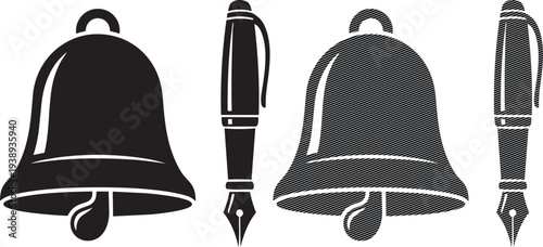 Black and white illustration of traditional bells with clappers and handles