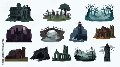 Collection of spooky and eerie gothic-style buildings and landscapes, perfect for Halloween or horror themes.