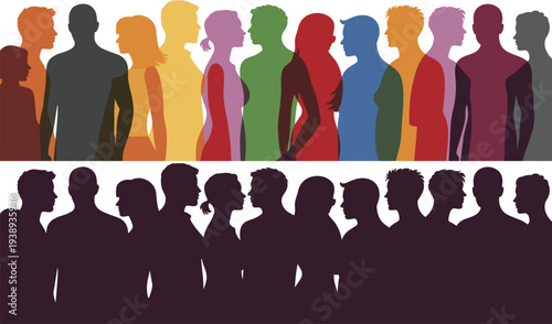 Diverse people profile silhouettes, multicultural men women crowd illustration, community diversity concept, colorful human profiles and black silhouette group