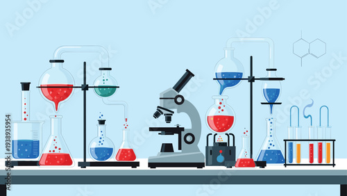 Modern scientific research laboratory equipped with a microscope, glass flasks, test tubes, and colorful chemical solutions for experiments.