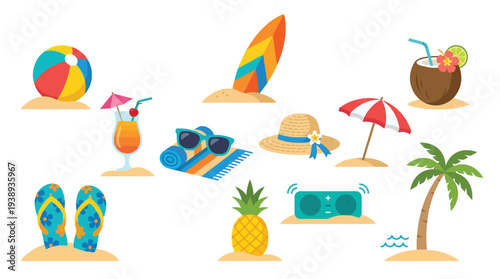 A vibrant collection of beach and summer vacation essentials arranged on sandy mounds, perfect for a tropical getaway.