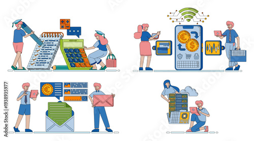 Line illustration representing accounting, banking, and finance software applications used in office work for managing financial transactions, reports, and digital business operations.