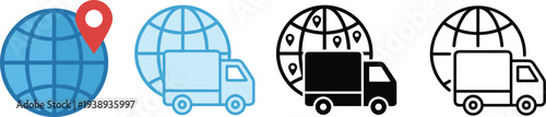 Global logistics icons, delivery truck vector set, international shipping illustration, worldwide tracking clipart, commerce graphics, transport artwork, flat vector illustration