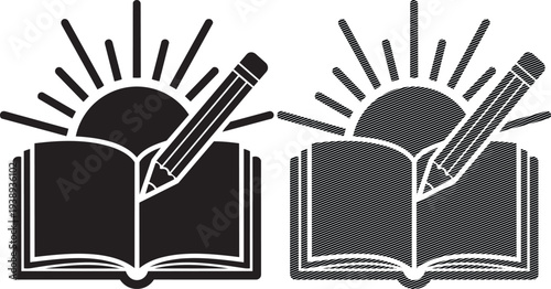 Two open books with sunbeams and pens symbolizing knowledge and enlightenment