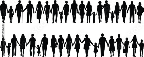 Family people silhouette collection holding hands, parents children and generations walking together representing love, unity and family life concept