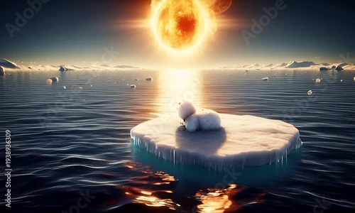 A snowman floats on an ice floe in the sea, under a sky bathed in the scorching sun.