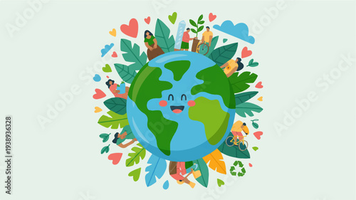 Happy smiling earth globe surrounded by colorful leaves hearts animals and eco friendly symbols on a light green background representing environmental