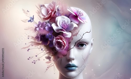 A face with a pristine white complexion, delicate blue lips, and cracked skin. Above the forehead, a floral bouquet of purple and pink flowers blooms, 