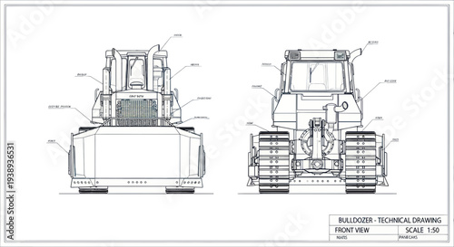 Bulldozer Blueprint: Front and Rear Technical Drawing