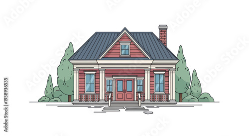 Charming Red House with Porch and Chimney, Surrounded by Green Trees