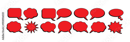 Red speech and thought bubbles in various shapes with black outline vector
