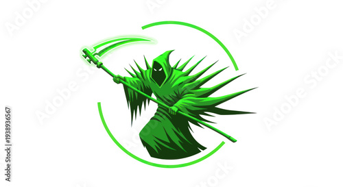 Grim Reaper Character with Scythe and Spikes, Green Neon Glow, Circular Emblem