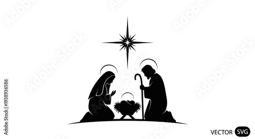 Nativity Scene Silhouette: Mary, Joseph, Baby Jesus in Manger, Star of Bethlehem