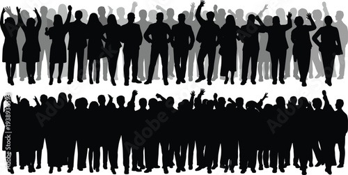 Large cheering crowd silhouette collection with raised hands, diverse people celebrating together representing community, audience and social gathering concept