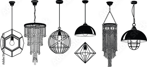 Modern pendant light collection silhouette, decorative hanging lamps, geometric chandelier and industrial ceiling lighting fixtures, interior design elements, 