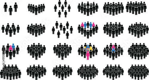 People crowd icon set, human group pictogram collection showing community, teamwork, leadership and social network concept isolated on white background