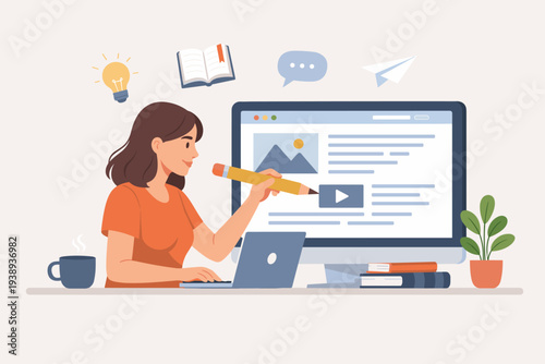 Creative woman content writer or blogger working on a laptop and monitor, editing an online article with a giant pencil, representing digital storytelling, copywriting, and web publishing concept.