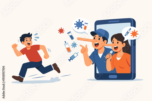 Vector illustration of a man running away from fake news and misinformation about COVID-19 vaccines on a smartphone, featuring liars with long noses spreading hoaxes and disinformation online.