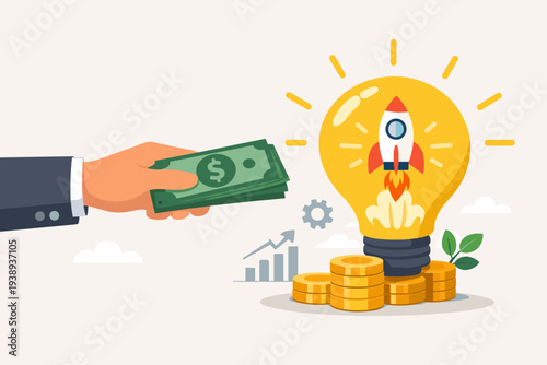 Investor hand giving cash to a startup idea shown as a rocket inside a glowing lightbulb. Venture capital funding for business growth, financial support for innovation and entrepreneurship.