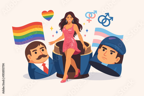 LGBTQ+ Pride and Transgender Identity Concept with a Beautiful Woman Emerging from a Nesting Doll Representing Her Transition Journey, Featuring Rainbow and Trans Flags and Gender Symbols