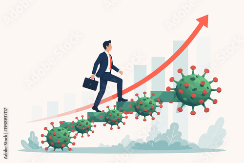 Business leader walking up stairs supported by coronavirus particles with a rising arrow and bar chart, symbolizing economic recovery, growth, and overcoming challenges during the COVID-19 pandemic