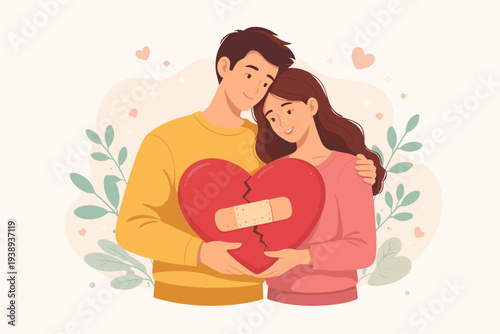 Heartwarming vector illustration of a loving couple holding a large red broken heart mended with a bandage, symbolizing forgiveness, reconciliation, and healing in a strong relationship.