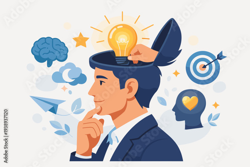 Creative Mindset and Intelligence Concept with a Man Thinking and a Glowing Lightbulb in His Head. Illustration of Emotional Intelligence, Wisdom, Intuition, Brain Power, and Mental Strategy