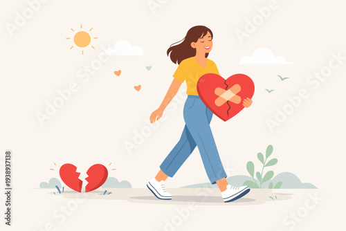 Happy Woman Moving On After Breakup or Divorce, Carrying a Mended Heart with Bandages and Leaving a Broken Heart Behind, Concept of Emotional Healing, Mental Health Recovery, and New Beginnings
