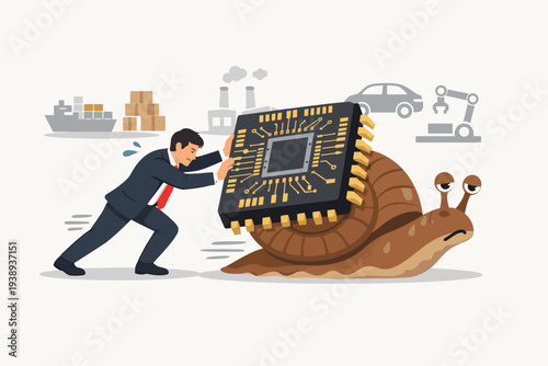Global Semiconductor and Computer Chip Shortage Concept with Businessman Pushing Snail Carrying Microchip, Representing Supply Chain Crisis, Economic Slowdown, and Manufacturing Delays