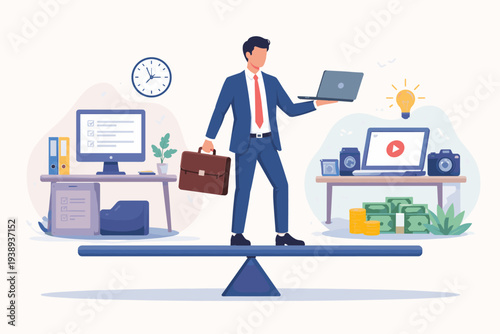 Businessman in suit balancing on a seesaw between traditional office job and creative side hustle. Concept of gig economy, extra income, career decision, and work-life balance vector graphic.