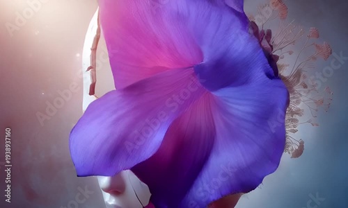 A face with a pristine white complexion, delicate blue lips, and cracked skin. Above the forehead, a floral bouquet of purple and pink flowers blooms, 
