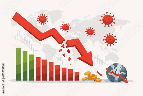Global Stock Market Crash and Economic Recession Illustration with Broken Red Downward Arrow, Coronavirus COVID-19 Virus Icons, Declining Bar Chart, and World Map Background for Financial Crisis.