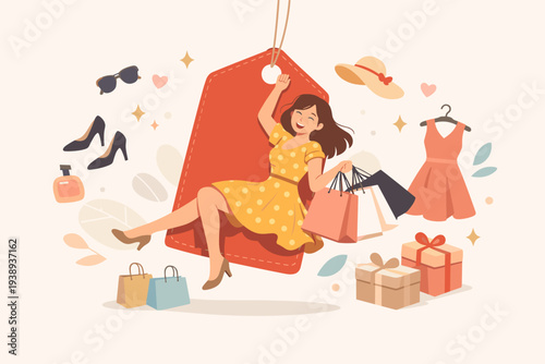 Happy Young Woman Sitting on Giant Price Tag Holding Shopping Bags and Fashion Accessories like Clothes, Shoes, and Gifts. Concept of Retail Therapy, Seasonal Sales, and Consumerism Joy.