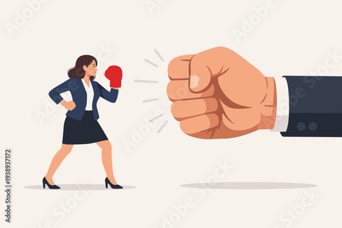 Strong Businesswoman in Suit with Boxing Glove Facing a Giant Fist, Concept of Women Power, Feminism, Career Competition, Gender Equality, and Overcoming Obstacles, Vector Illustration