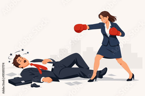 Brave Businesswoman Wearing Boxing Gloves Knocking Out Male Colleague, Gender Equality and Women Rights Concept, Business Winning Victory, Competition and Leadership Success Vector Illustration