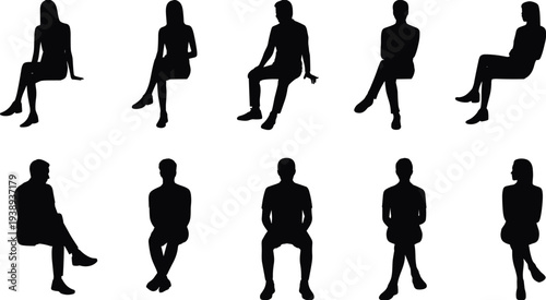 People sitting silhouette collection, men and women seated poses isolated on white background representing waiting, interview, conversation and casual posture