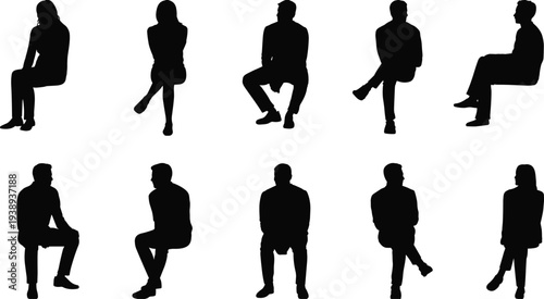 People sitting silhouette collection, men and women seated on chairs showing waiting, interview, conversation and casual sitting poses