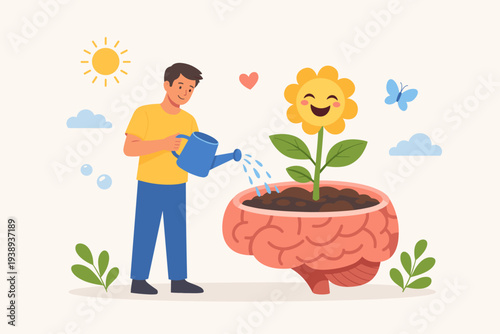 Man watering a happy flower growing from a human brain, symbolizing mental health, positive thinking, self-care, wellbeing, psychological growth, and emotional wellness. Flat vector illustration.