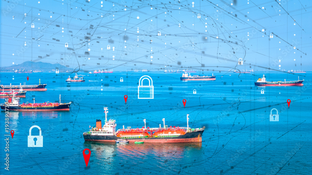 Obraz premium oil tanker ship LPG tanker with digital security lock network. Concept of global energy security, natural gas logistics protection, and maritime Blocking the Strait of Hormuz